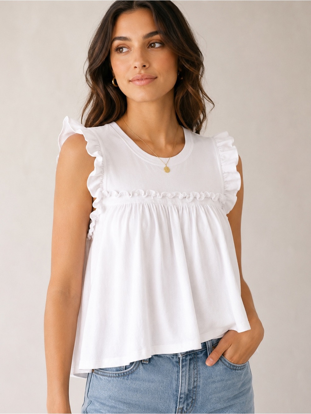 Anthropologie Maeve Ruffle Flutter Sleeve Babydoll Top White Medium